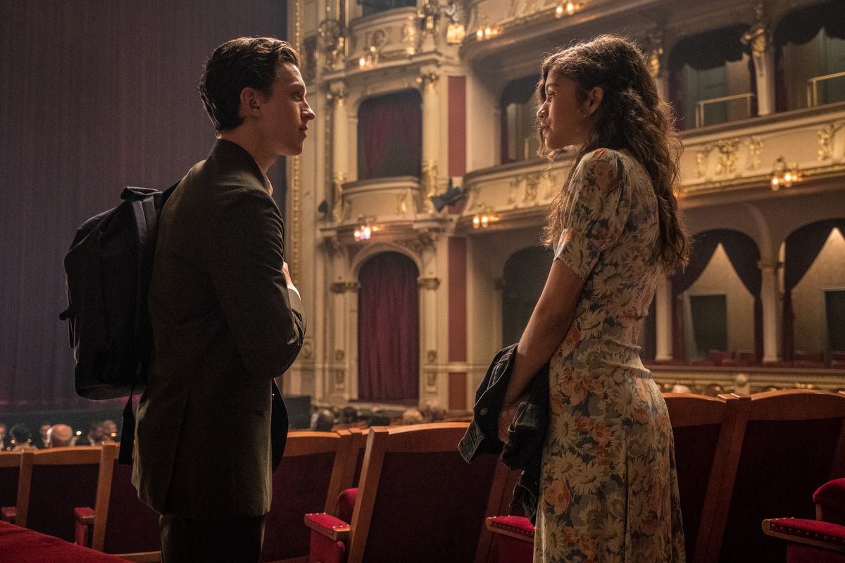 Peter Parker (Tom Holland) and M.J. (Zendaya) share a quiet moment in “Spider-Man: Far From Home.” 