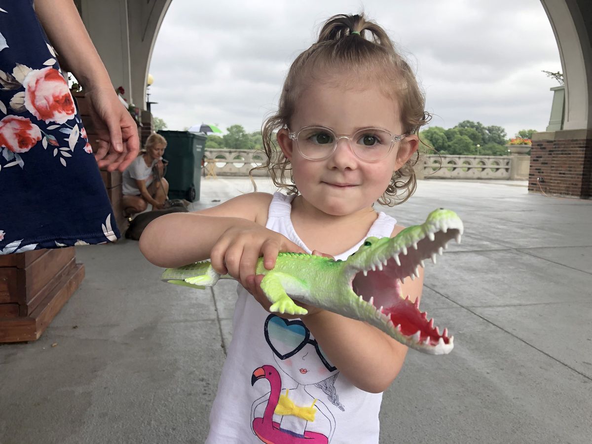 Iris, 3, and her alligator were at Humboldt Park on Tuesday. 