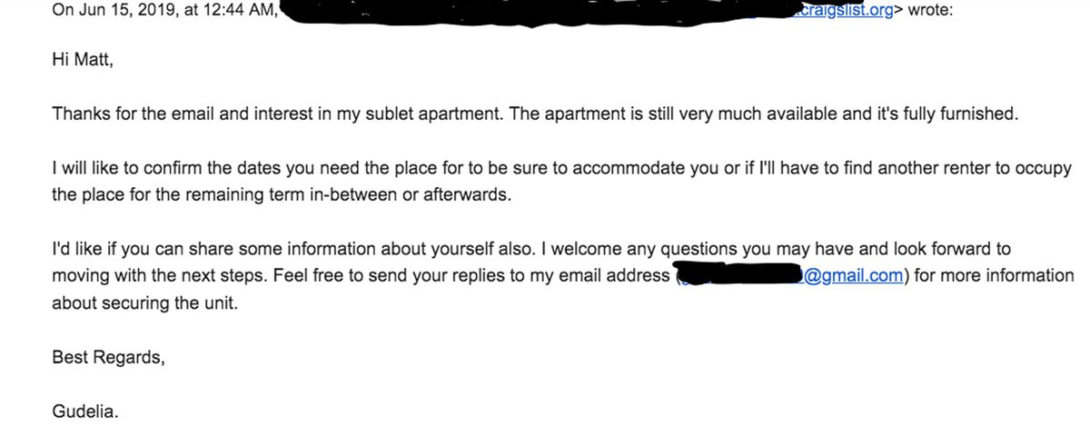 An email from ‘Gudelia Rivera’ about an apartment for sublet. The listing on Craigslist turned out to be a fake.