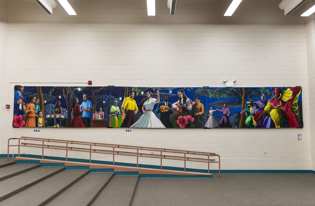 A mural in the auditorium at McAuliffe Elementary School, 1841 N. Springfield Ave.