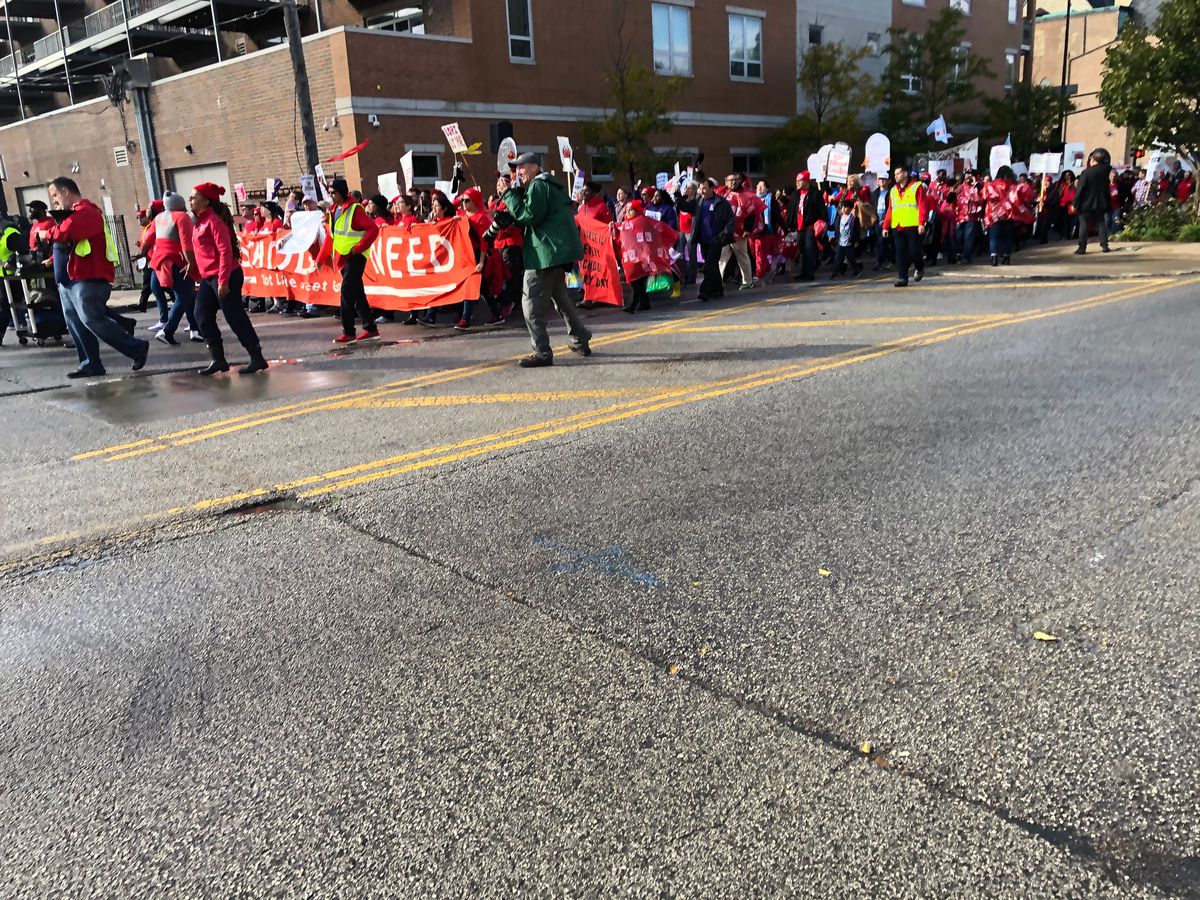 CTU strikers begin marching south on Ashland Avenue from a rally at Union Park.