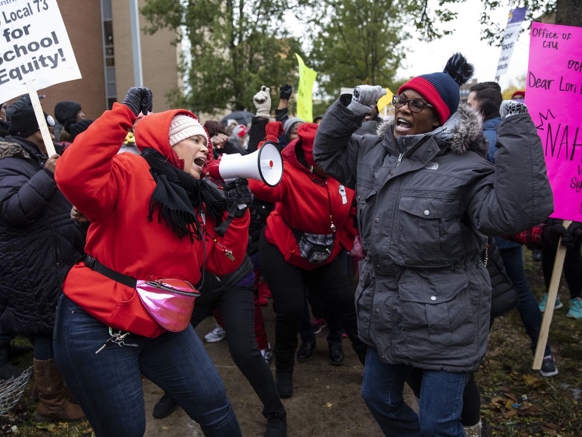 Striking Chicago Teachers Union and SEIU Local 73 members rally on the picket line outside Oscar DePriest Elementary School on the West Side, Tuesday morning, Oct. 22, 2019. | Ashlee Rezin Garcia/Sun-Times