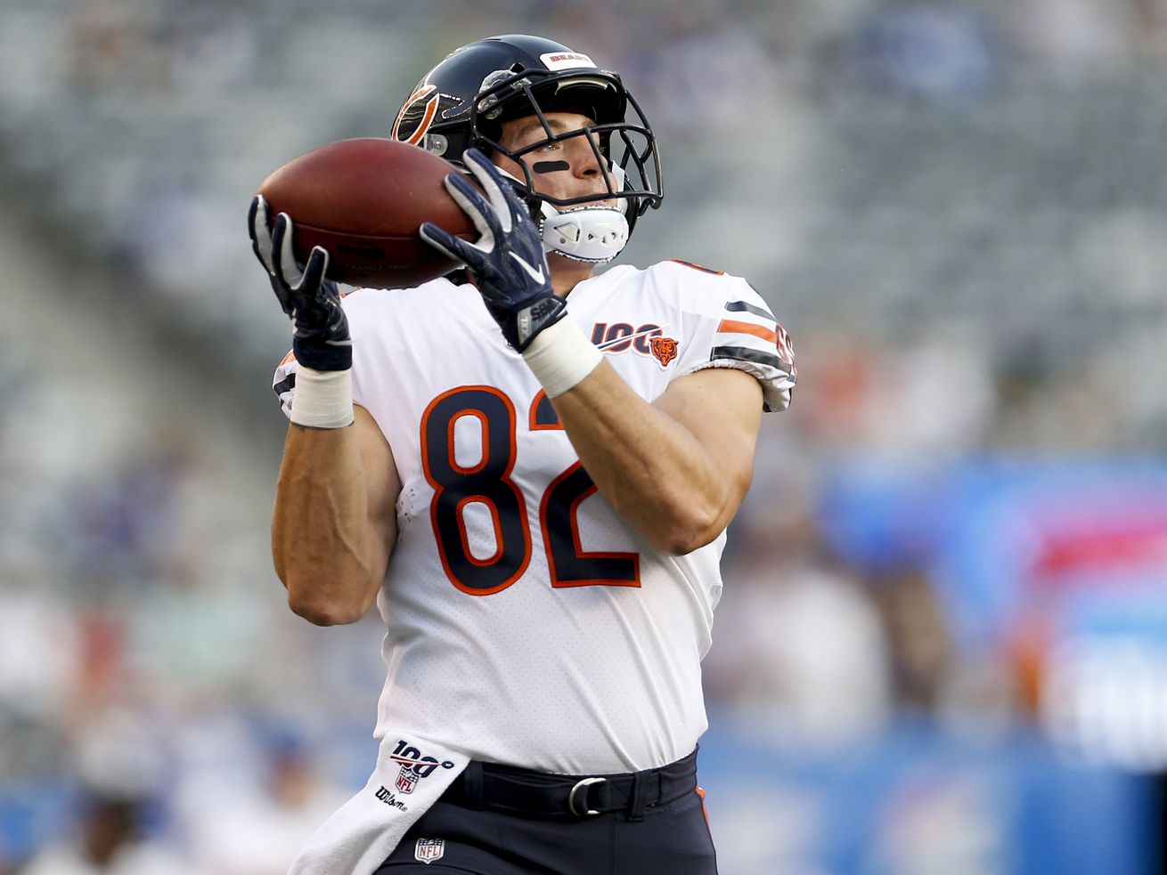 Chicago Bears tight end Ben Braunecker (82) warms up before an NFL football game against the New York Giants, Friday, Aug. 16, 2019, in East Rutherford, N.J. (AP Photo/Adam Hunger) ORG XMIT: ERU
