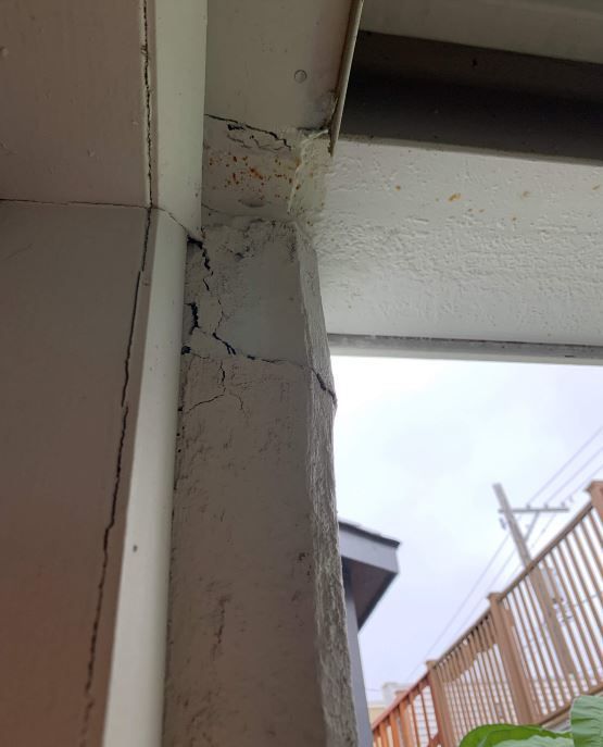 This is a picture of cracks in an exterior column. The property at 1700 W. Wabansia Ave. is plagued by problems with cracked columns, water infiltration and a damaged garage, among other issues, a lawsuit says.