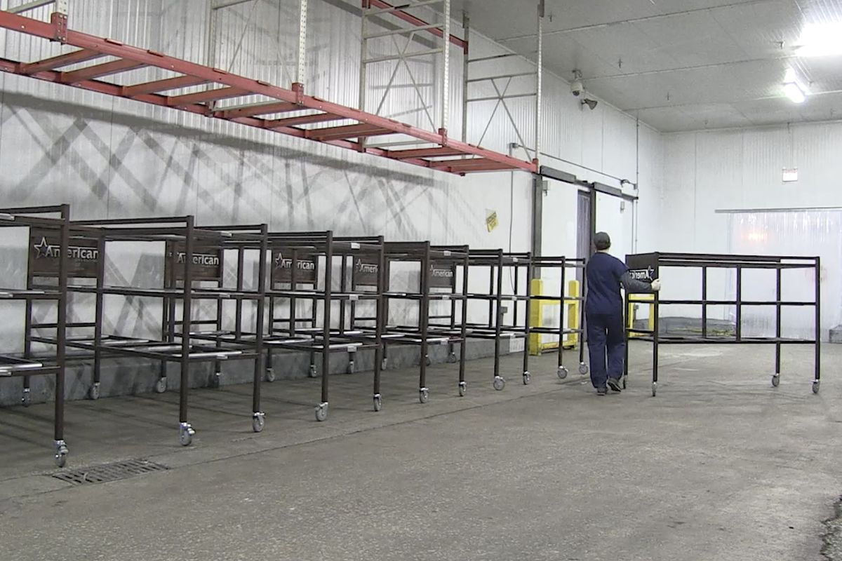 This image from undated video provided by the Office of Cook County Board President Toni Preckwinkle shows set-up for the Cook County Medical Examiner’s surge center in Chicago to handle the influx of COVID-19 cases.