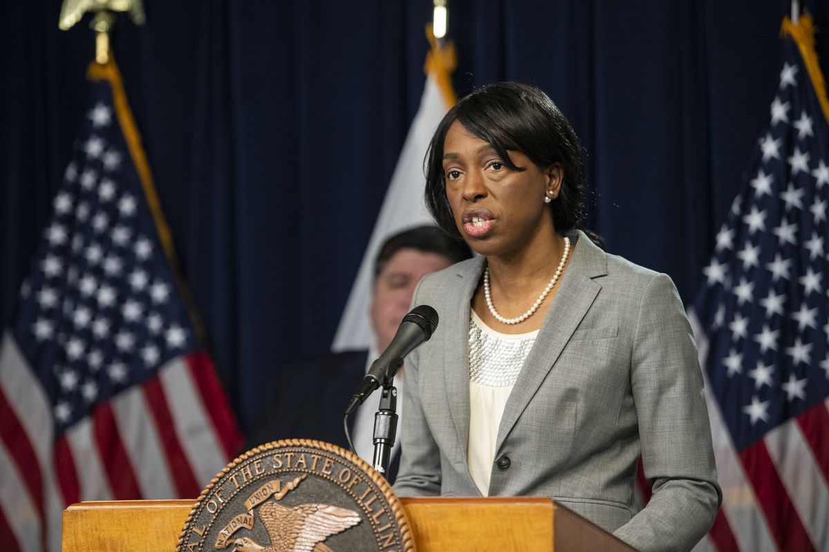 Dr. Ngozi Ezike, director of the Illinois Department of Public Health reports that an additional 123 people have died from coronavirus with 1826 new cases, at Pritzkers daily Illinois coronavirus update at the Thompson Center, Thursday, April 23, 2020. | Tyler LaRiviere/Sun-Times