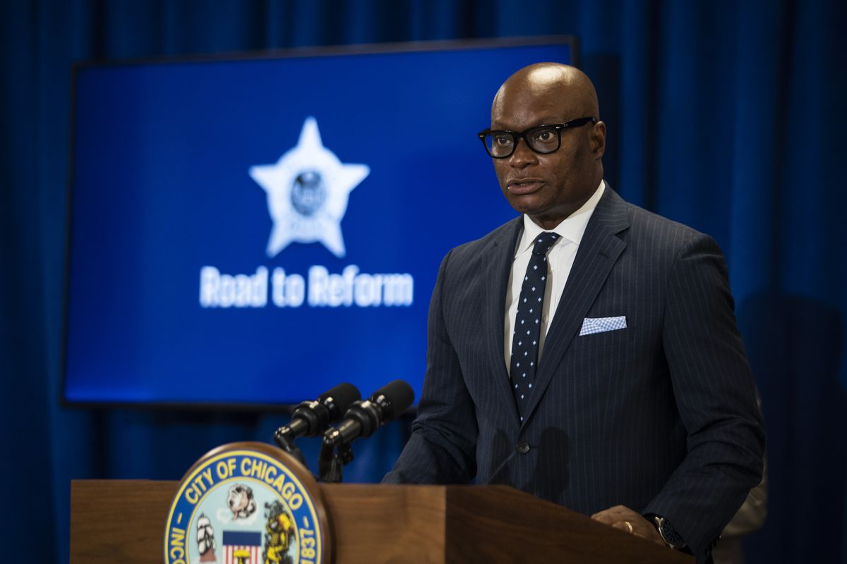 Chicago Police Supt. David Brown speaks during a press conference at City Hall to announce the city’s new Use of Force Working Group, designed to to review the police department’s policies pertaining to use of force, Monday morning, June 15, 2020. | Ashlee Rezin Garcia/Sun-Times
