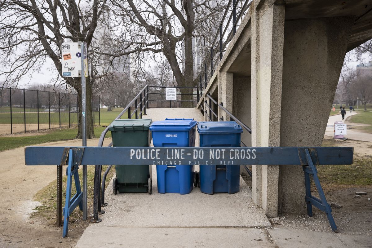 Chicago police blocked access to the Lake Shore Drive pedestrian bridge leading to the Lakefront Trail at North Avenue Beach in March after the city closed the area to pedestrians amid fears of the coronavirus pandemic.
