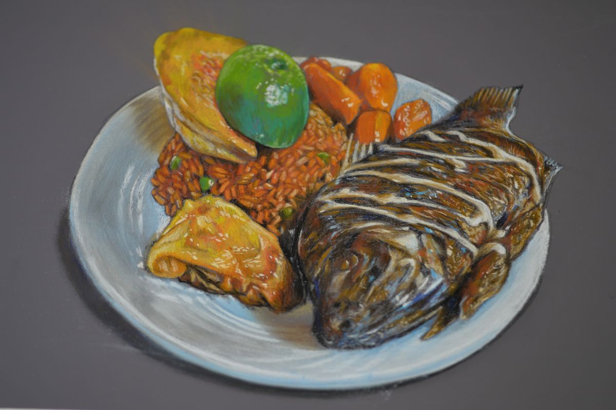 The completed 3D art of Senegal’s national dish that artist Nate Baranowski created at his home in Hyde Park, during the Virtual Chalk Howard Street festival on July 17, 2020. Baranowski drew a dish from a featured restaurant of Senegalese Cuisine from Howard street, while they appeared on the live stream together in a split-screen. Chalk Howard Street in Rogers Park, the city’s first and only major chalk art festival, moved to a digital format this year. | Victor Hilitski/For the Sun-Times