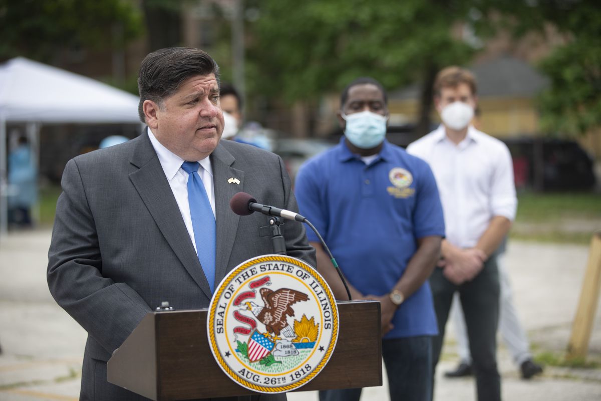 Gov. J.B. Pritzker gives a statement to the media during a visit to a mobile COVID-19 testing station at Edward Coles School at 8441 S Yates Blvd in South Chicago, Wednesday, July 8, 2020. | Anthony Vazquez/Sun-Times