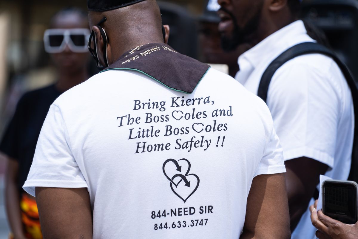 Rabbi Michael Ben Yosef wears a shirt at a news conference in support of finding postal worker Kierra Coles, who has been missing for 21 months on July 17, 2020. 