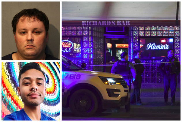 Thomas Tansey (top left) faces a charge of first-degree murder in the fatal stabbing of Kenneth Paterimos (bottom left) on Feb. 21 outside Richard’s Bar in West Town.