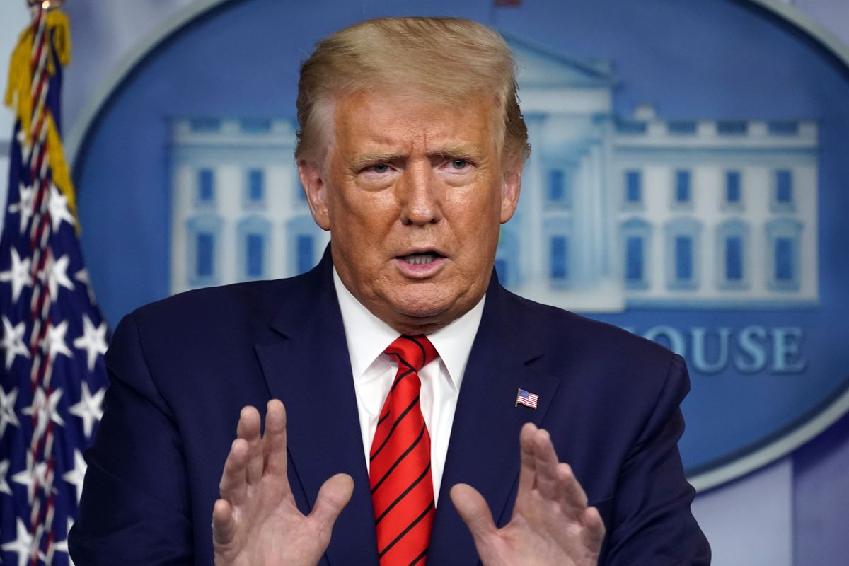 President Donald Trump speaks at a news conference in the James Brady Press Briefing Room at the White House on Monday.