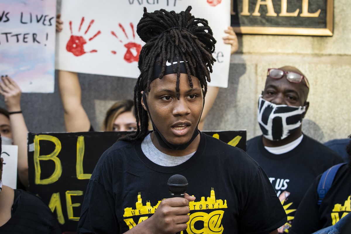 Caleb Reed, a junior at Mather High School in West Ridge, speaks during a June 16, 2020, press conference outside City Hall about Chicago City Council legislation that would have terminated a $33 million contract between the Chicago Police Department and Chicago Public Schools.