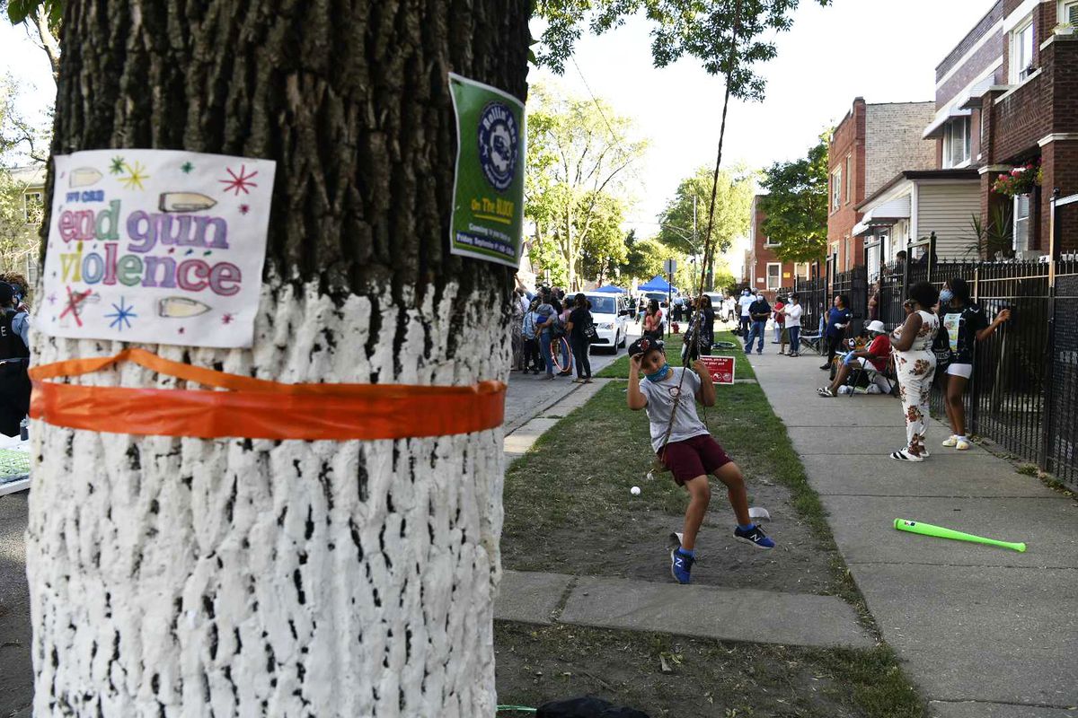 A block party on Monticello Avenue in Humboldt Park Friday, Sept. 4, 2020 featured Chicago police officers from the 11th District dancing and playing with neighborhood children.