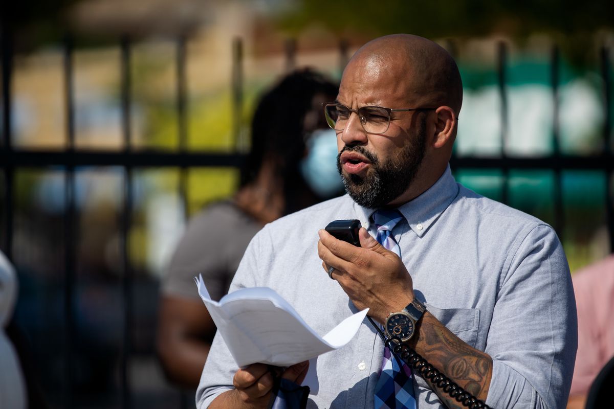Ald. Andre Vasquez (40th) speaks at a press conference at the “Black Trans Lives Matter” mural Saturday afternoon, Aug. 22, 2020. 