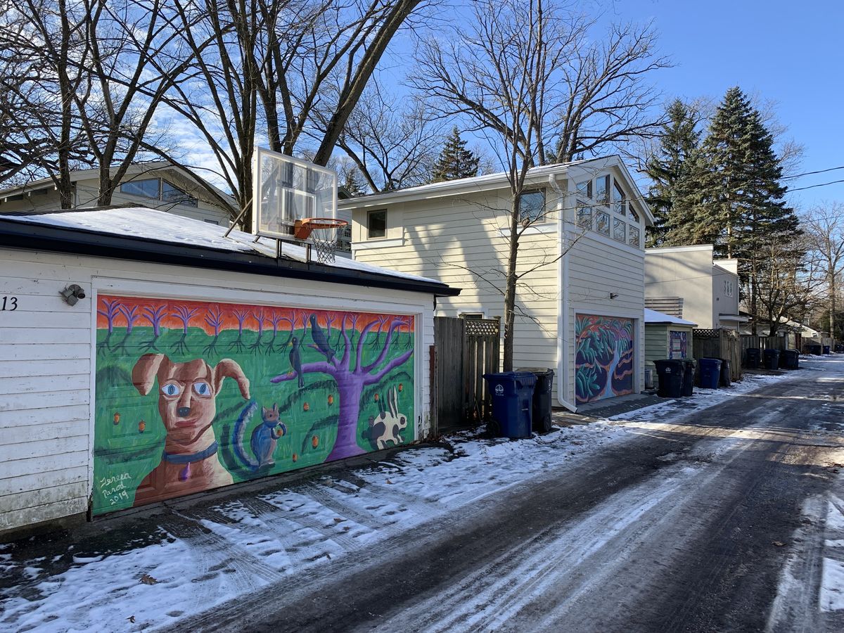 Teresa Parod painted a series of garage murals in Evanston, including this one featuring someone’s pet.&nbsp;She was inspired by public art in Cuba — and her son’s comment that not enough people saw her paintings. 